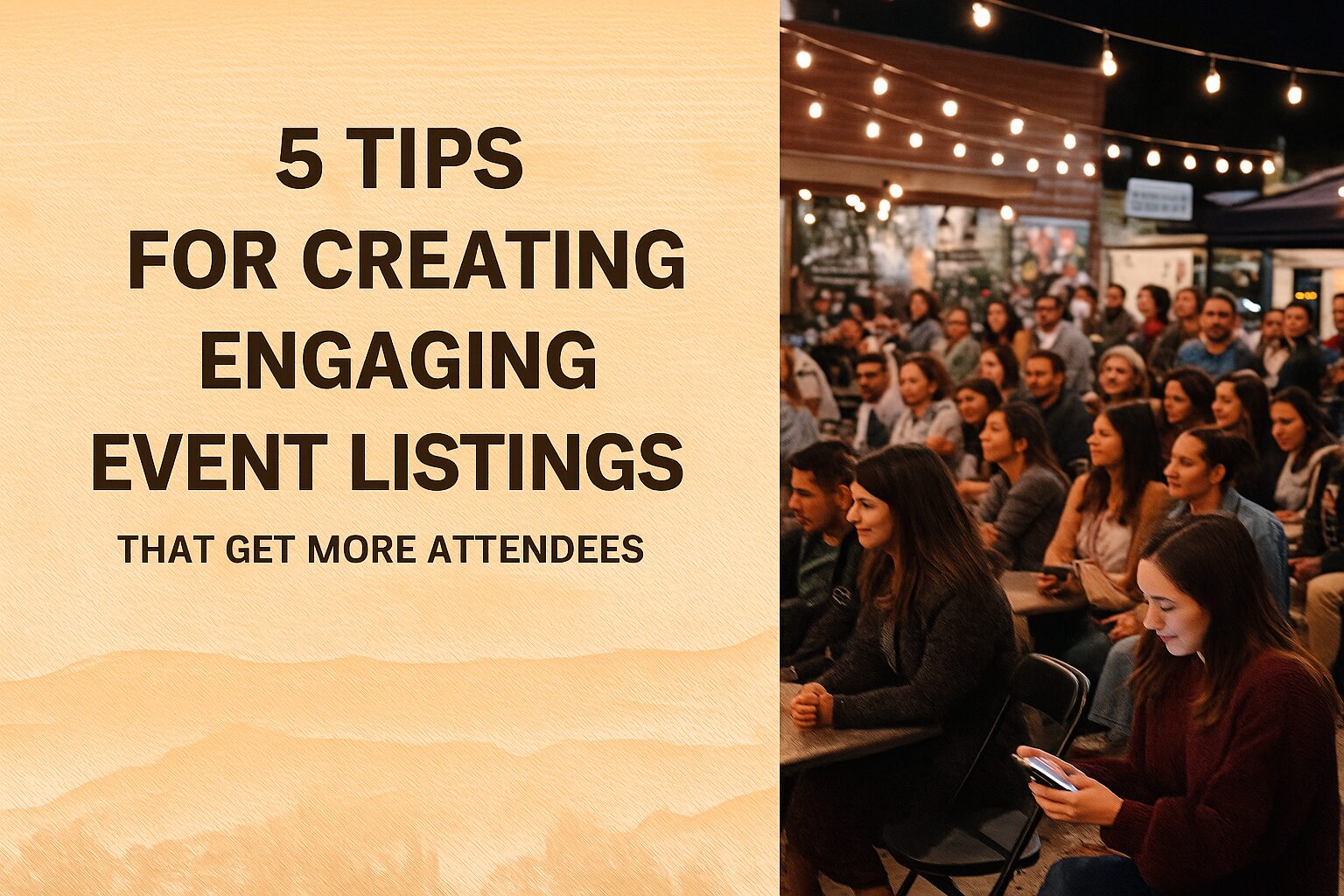 5 Tips for Creating Engaging Event Listings That Get More Attendees – featured image with bold text on the left and a large crowd attending an outdoor event under string lights on the right, symbolizing high event participation.