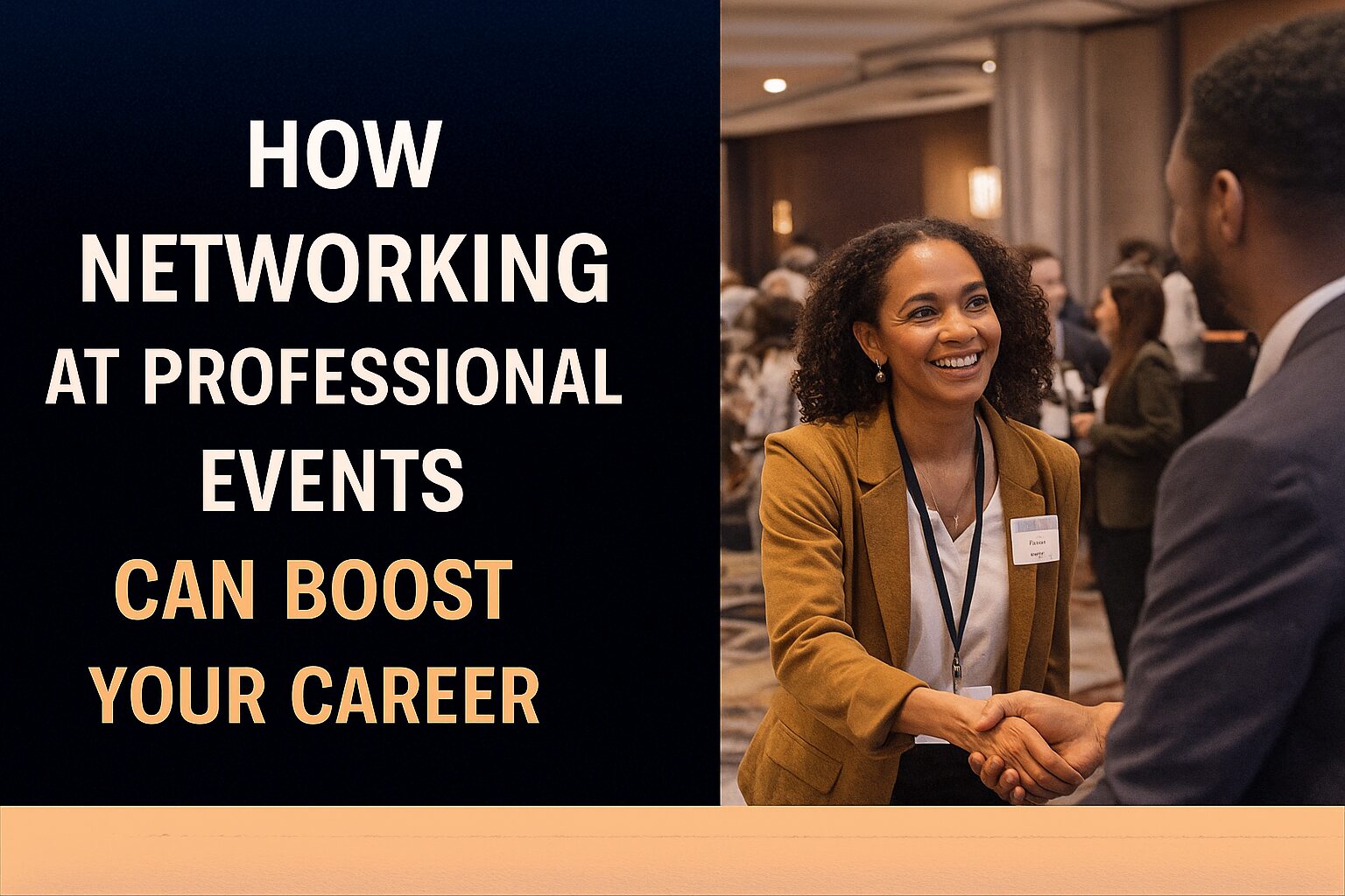 How Networking at Professional Events Can Boost Your Career – featured image with bold text on the left and a professional woman in a mustard blazer smiling and shaking hands at a business networking event.