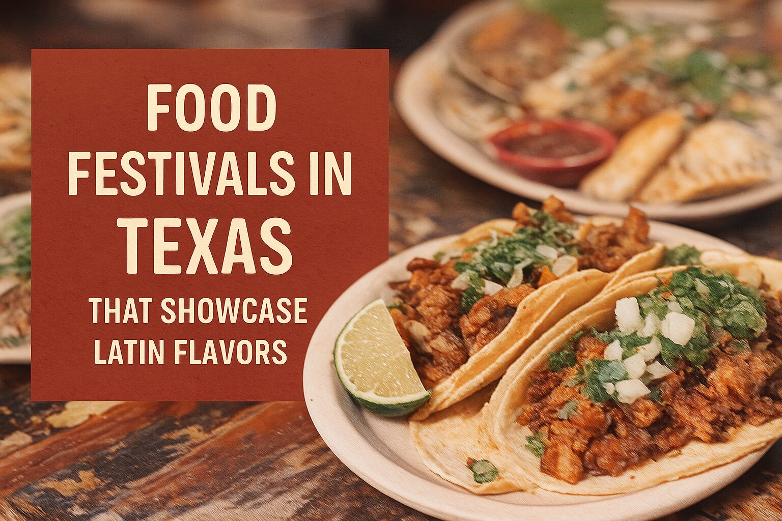 Food Festivals in Texas That Showcase Latin Flavors – featured image with bold text on the left and a close-up of tacos al pastor with lime and cilantro on the right, symbolizing Latin cuisine and culture at Texas food festivals.