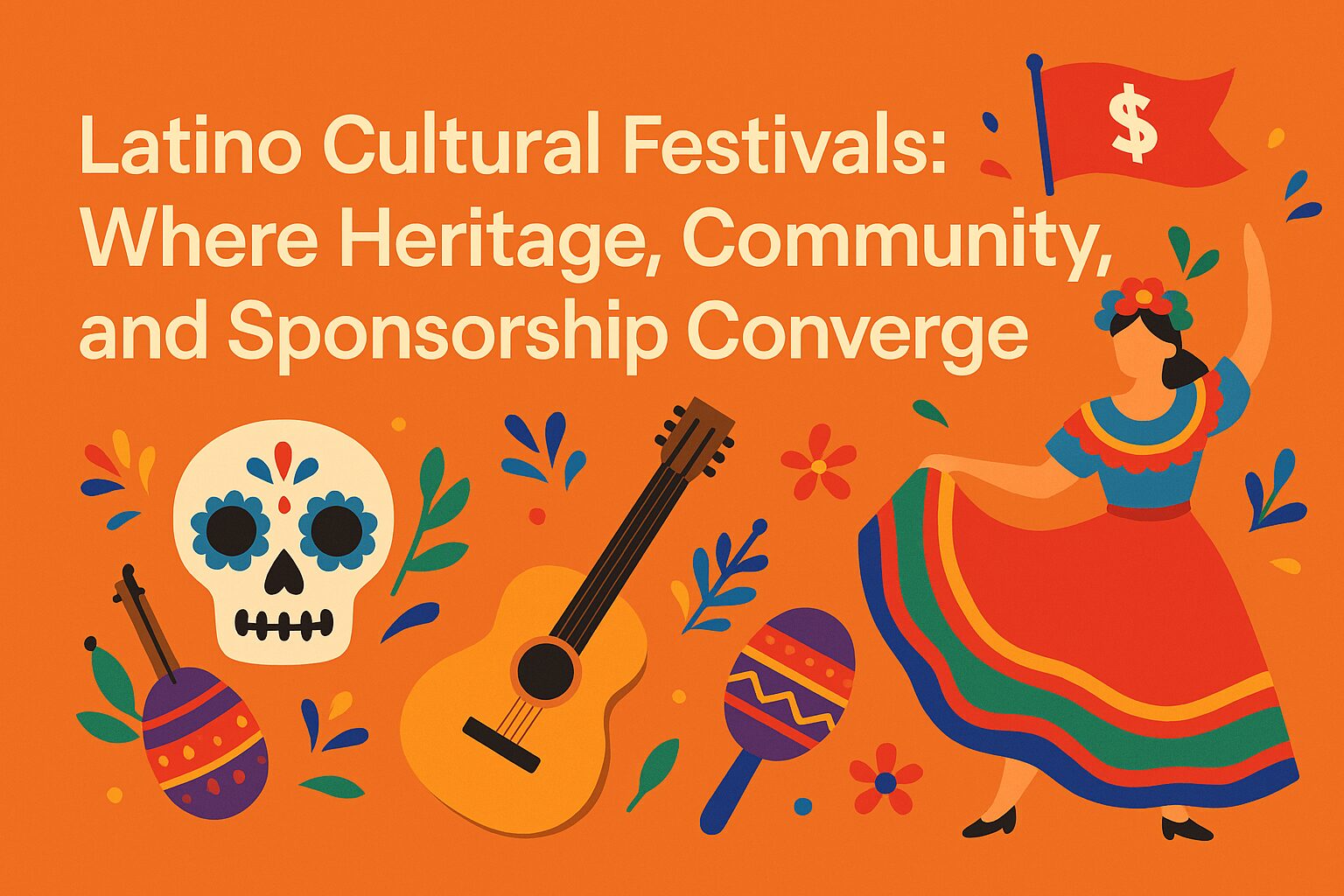 A vibrant digital illustration showing a diverse Latino community celebrating at a cultural festival with music, dance, food stalls, and sponsor banners in the background.