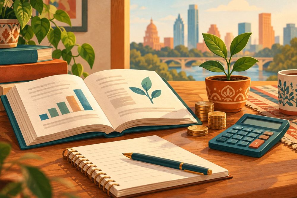 Illustration of an open book, calculator, coins and growing plant representing financial education