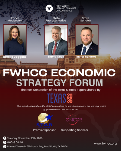 Official artwork for the Fort Worth Hispanic Chamber of Commerce Economic Strategy Forum on November 10, 2026
